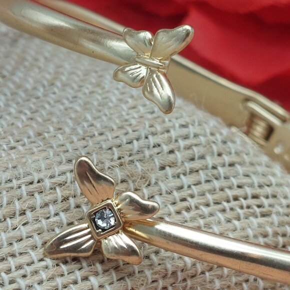 Lucky Brand Brushed Gold Tone Cuff  Bangle Bracelet Hinged Butterflies Crystal - Picture 8 of 11